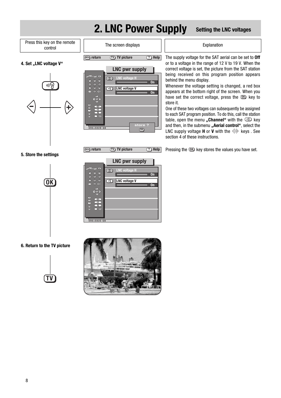Lnc power supply, Ok tv, Setting the lnc voltages | Lnc pwr supply, Pressing the key stores the values you have set | Metz 1014 083 User Manual | Page 8 / 27