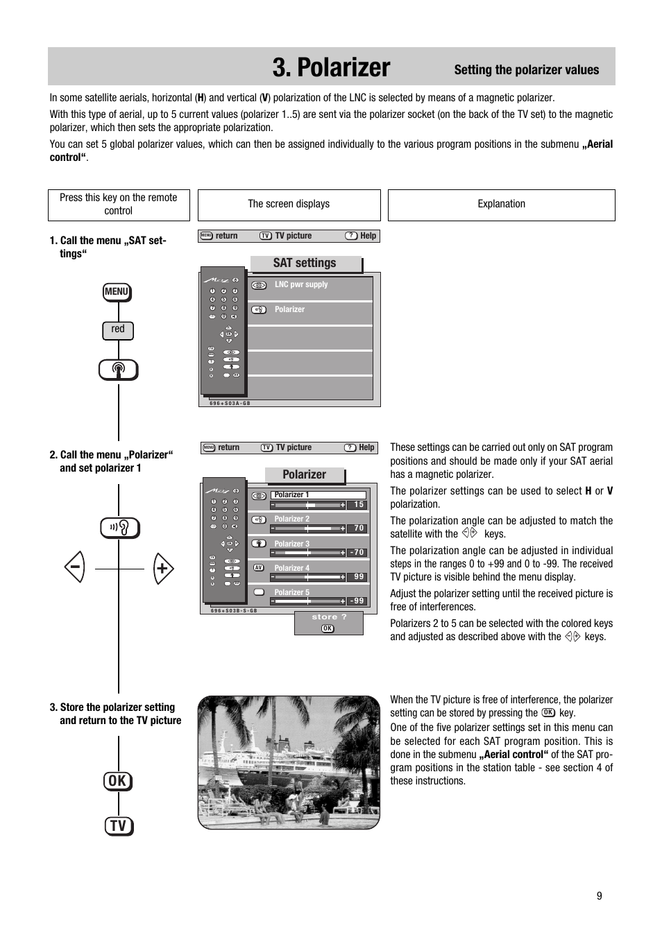 Polarizer, Ok tv, Setting the polarizer values | Sat settings, Menu | Metz 1014 083 User Manual | Page 9 / 27