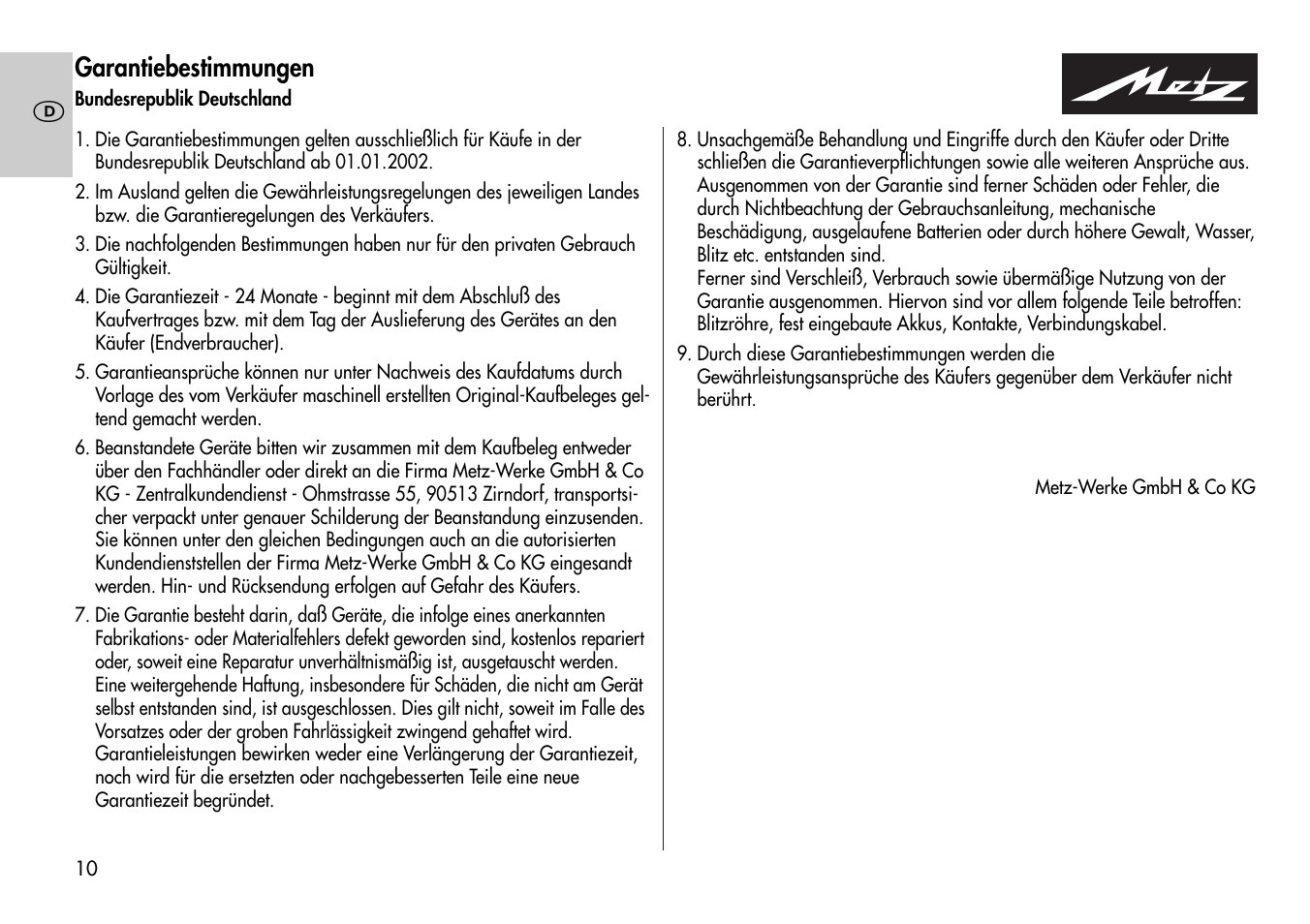 Garantiebestimmungen | Metz Mecablitz 60 CT-1 User Manual | Page 10 / 56