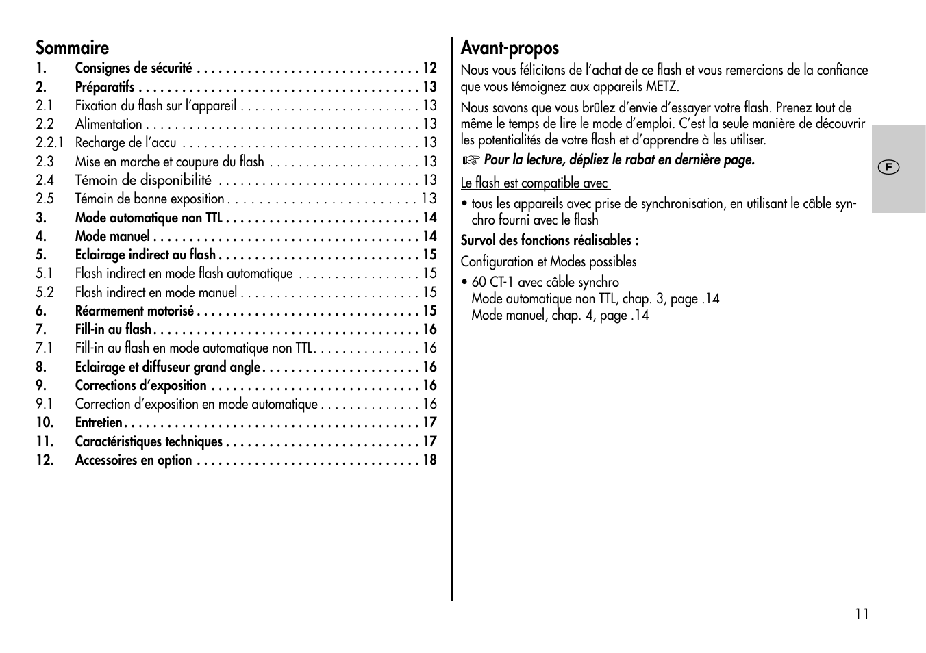 Sommaire, Avant-propos | Metz Mecablitz 60 CT-1 User Manual | Page 11 / 56