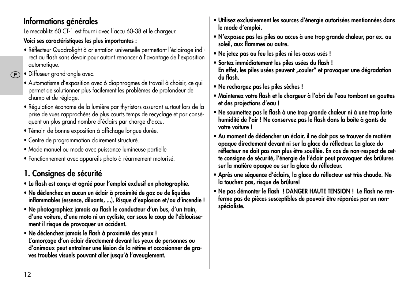 Informations générales, Consignes de sécurité | Metz Mecablitz 60 CT-1 User Manual | Page 12 / 56