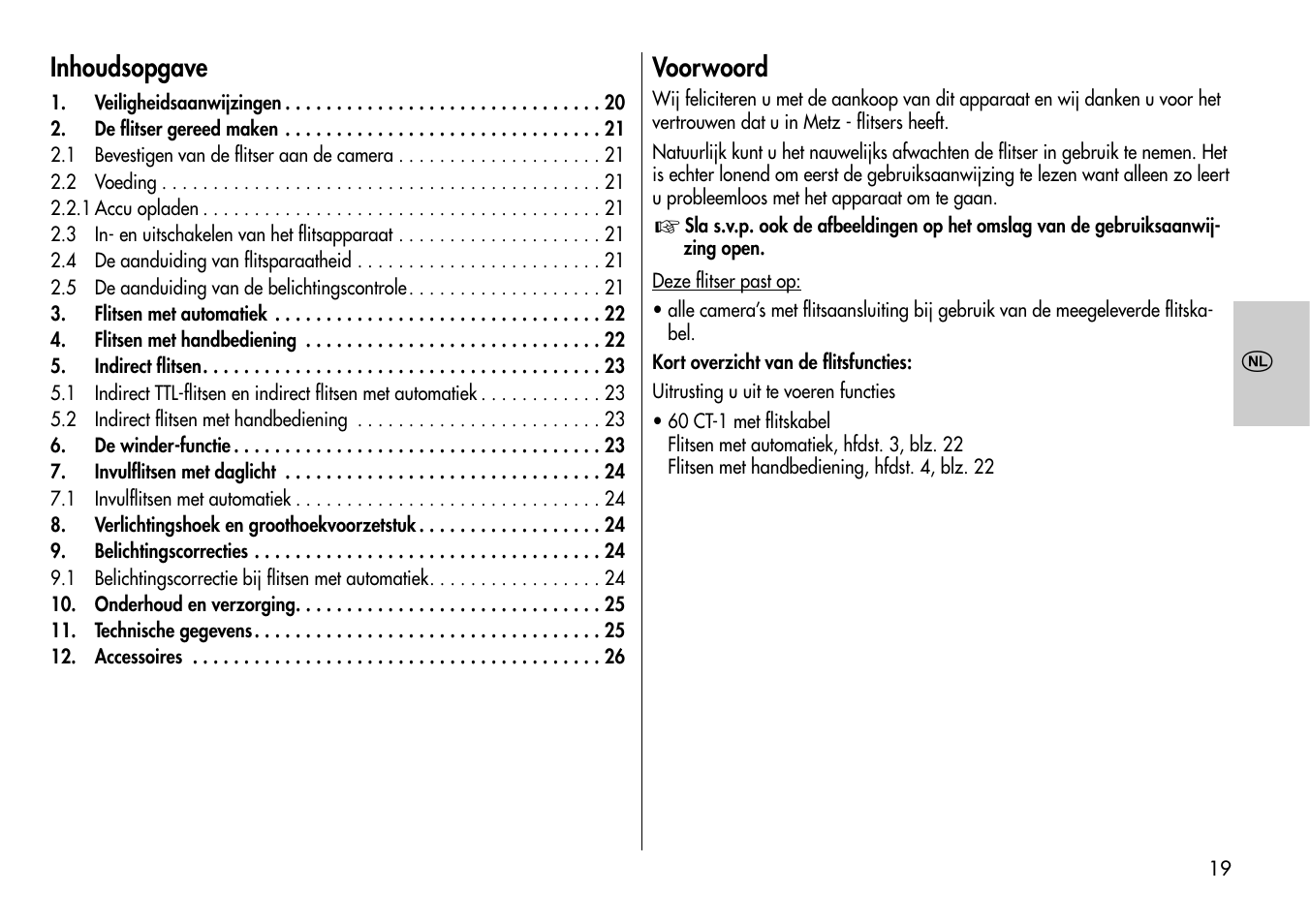 Inhoudsopgave, Voorwoord | Metz Mecablitz 60 CT-1 User Manual | Page 19 / 56