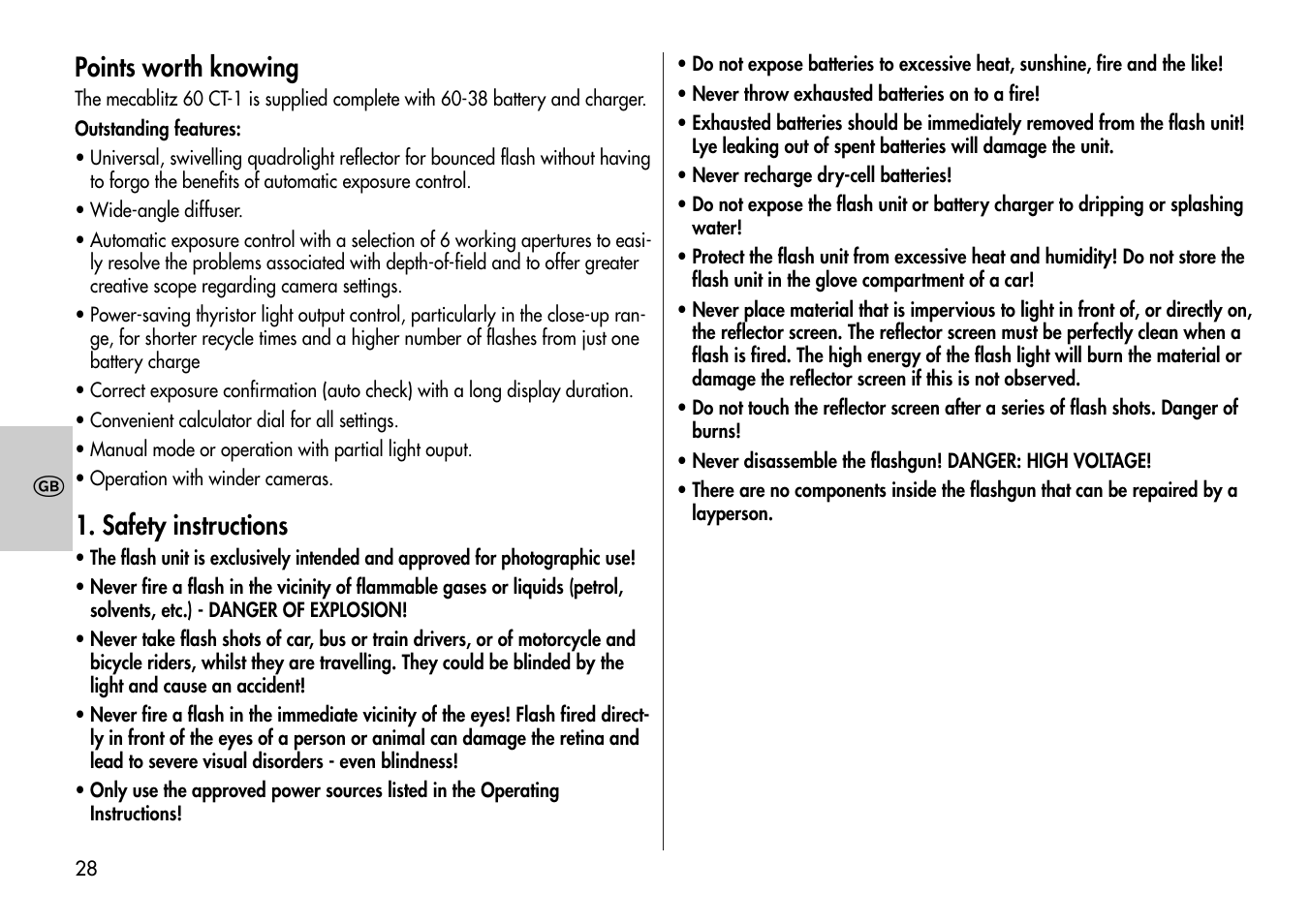 Points worth knowing, Safety instructions | Metz Mecablitz 60 CT-1 User Manual | Page 28 / 56