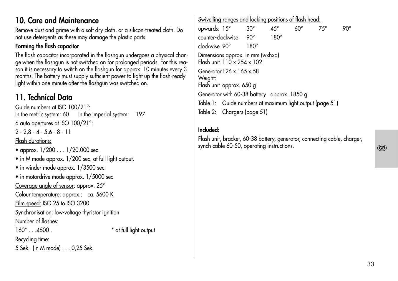 Care and maintenance, Technical data | Metz Mecablitz 60 CT-1 User Manual | Page 33 / 56