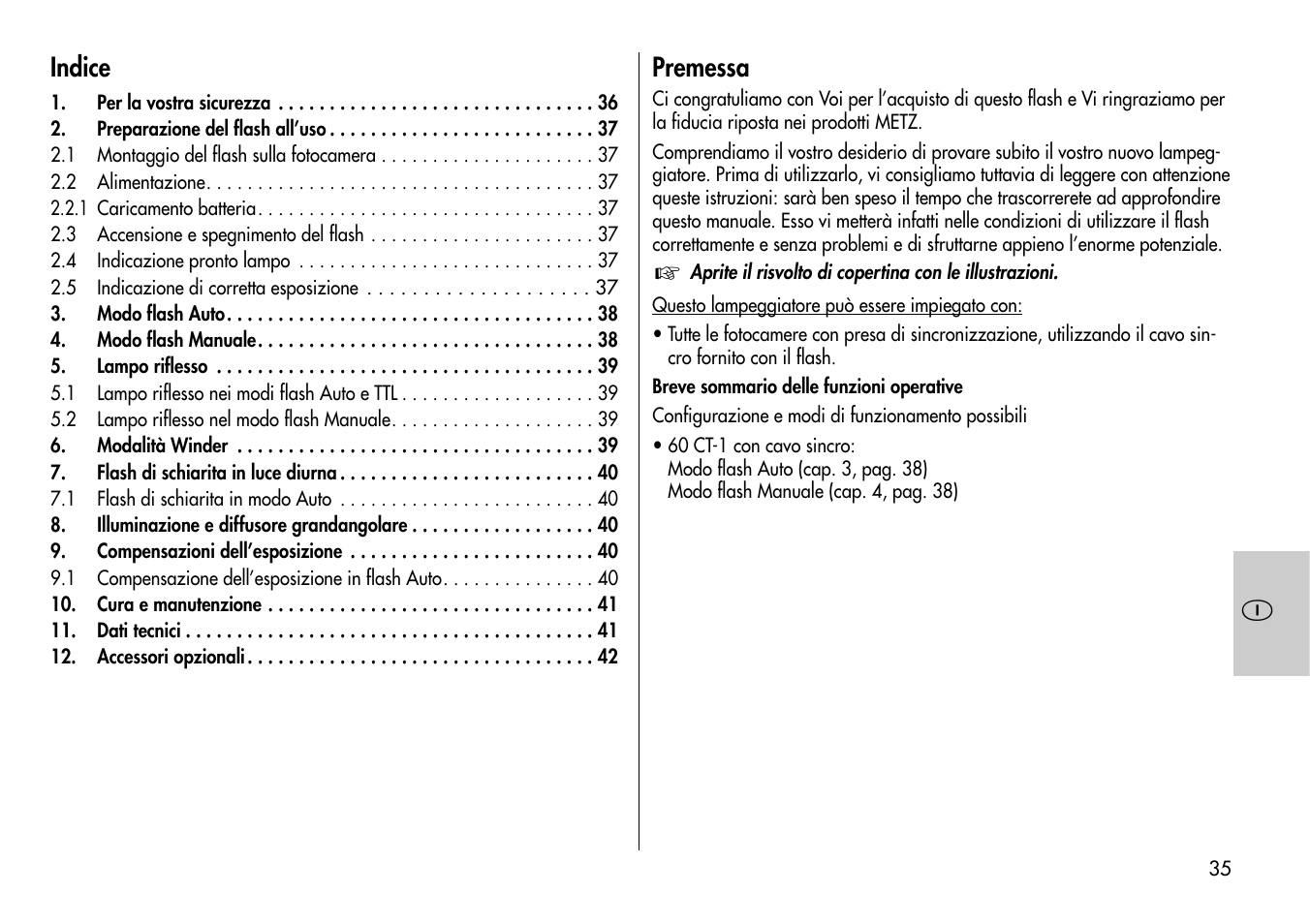 Indice, Premessa | Metz Mecablitz 60 CT-1 User Manual | Page 35 / 56