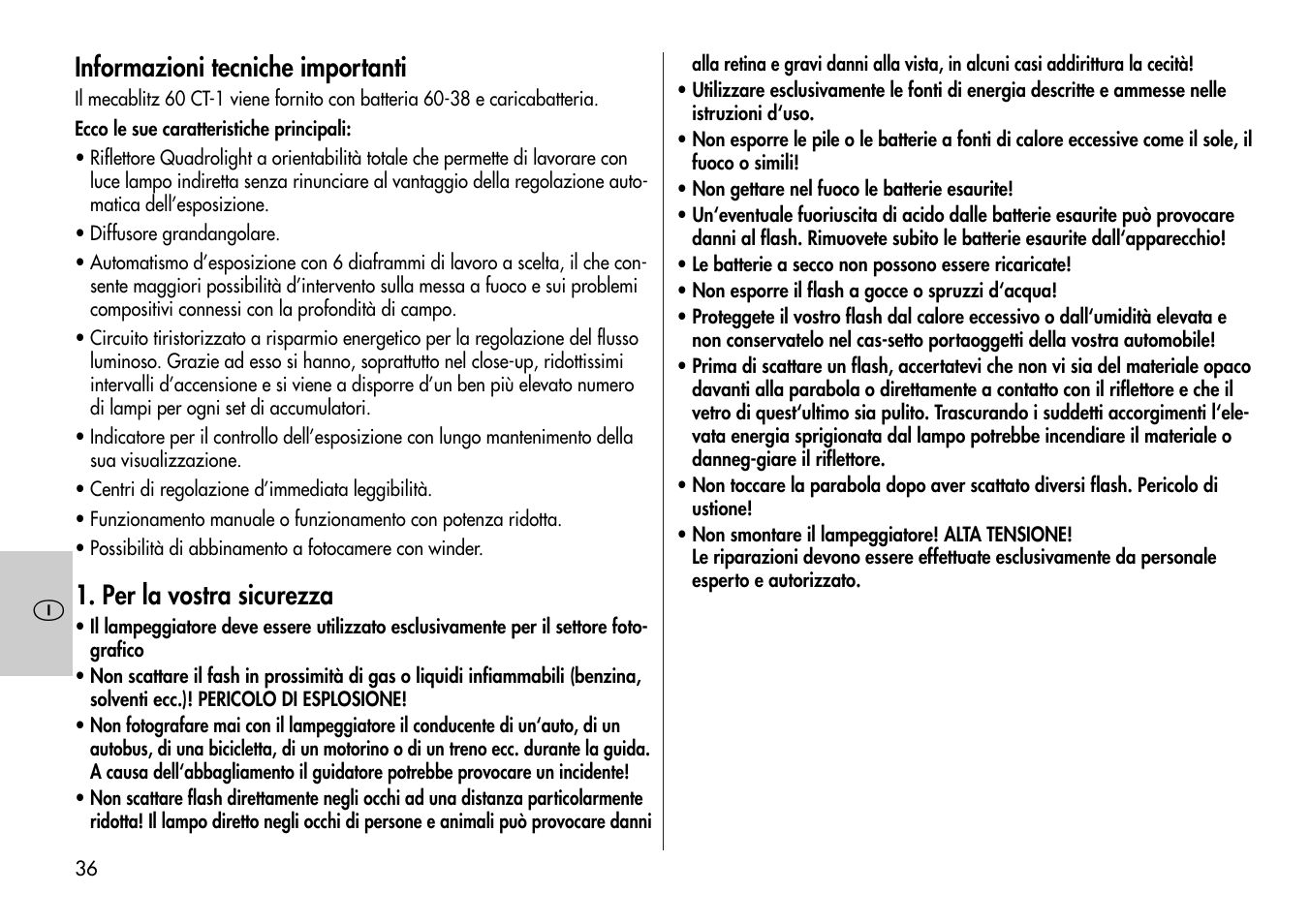 Informazioni tecniche importanti, Per la vostra sicurezza | Metz Mecablitz 60 CT-1 User Manual | Page 36 / 56