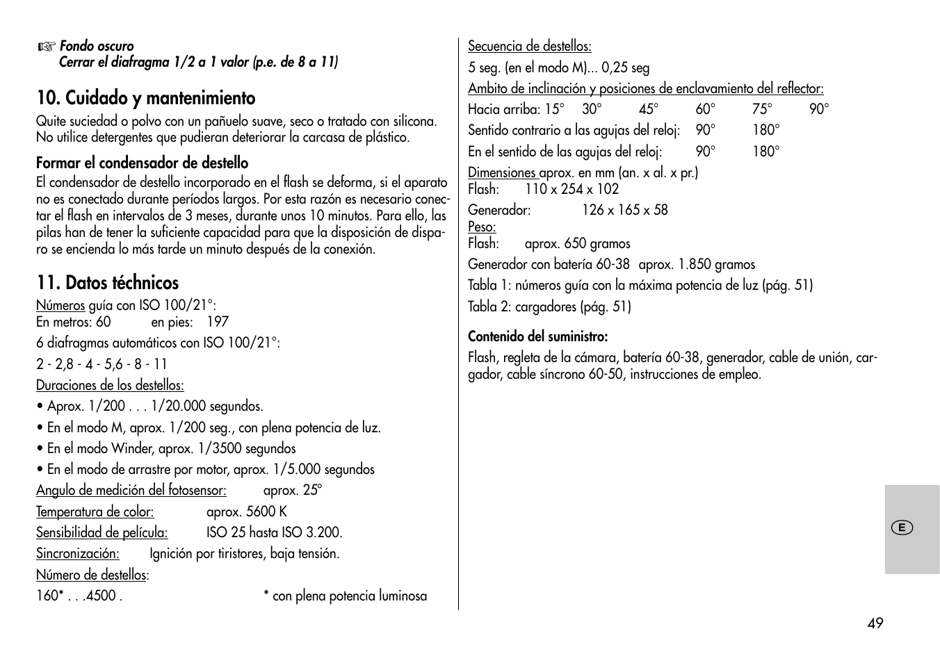 Cuidado y mantenimiento, Datos téchnicos | Metz Mecablitz 60 CT-1 User Manual | Page 49 / 56