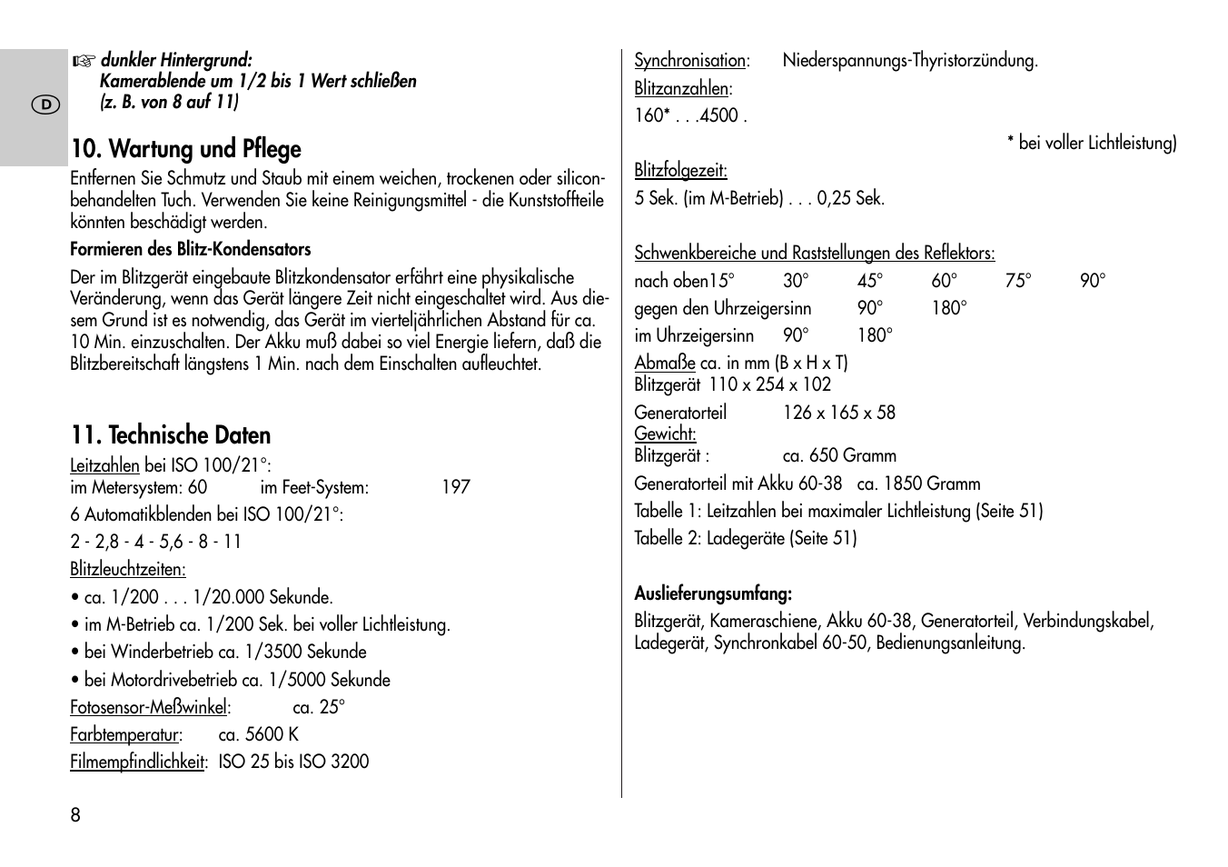 Wartung und pflege, Technische daten | Metz Mecablitz 60 CT-1 User Manual | Page 8 / 56