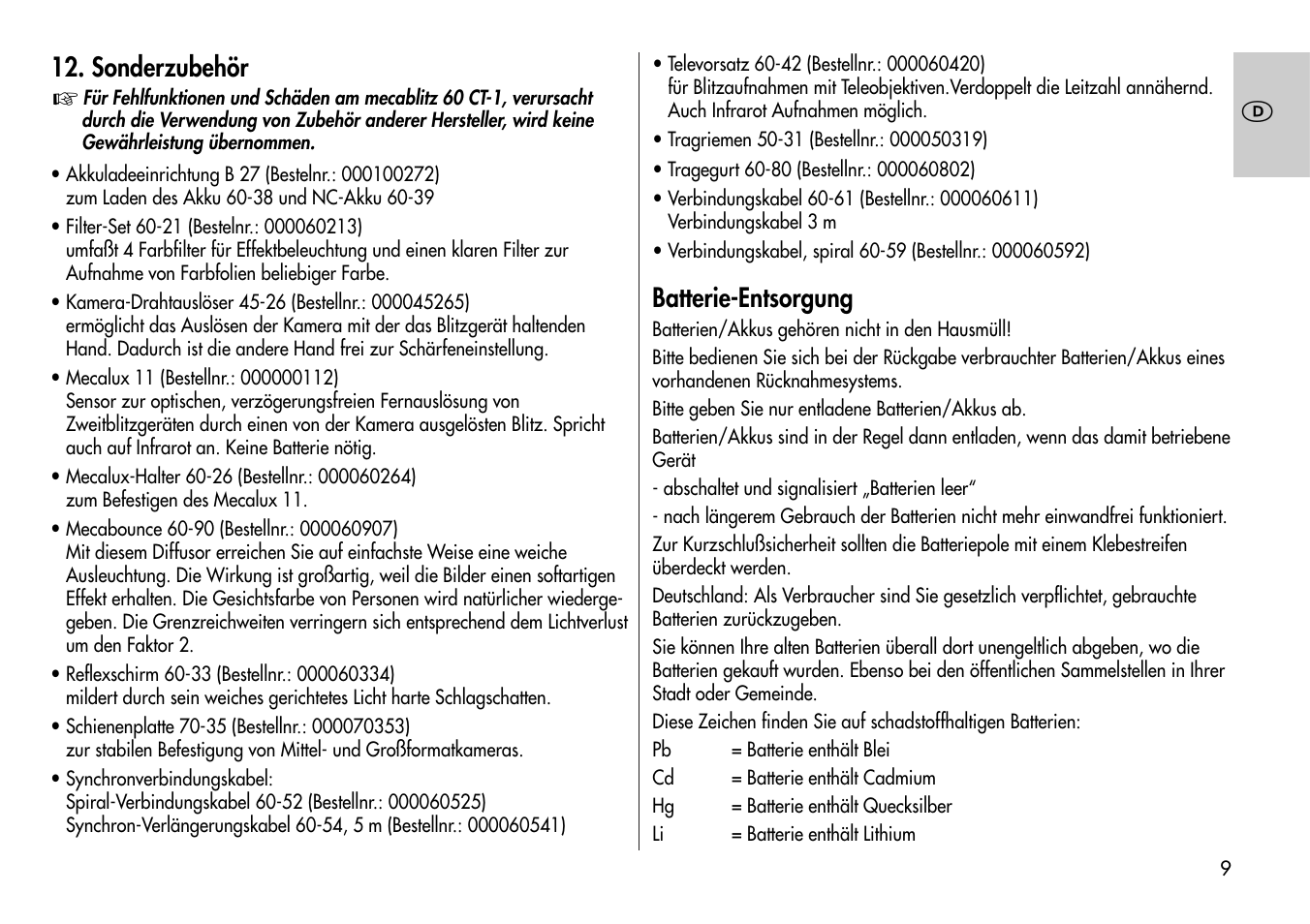 Sonderzubehör, Batterie-entsorgung | Metz Mecablitz 60 CT-1 User Manual | Page 9 / 56