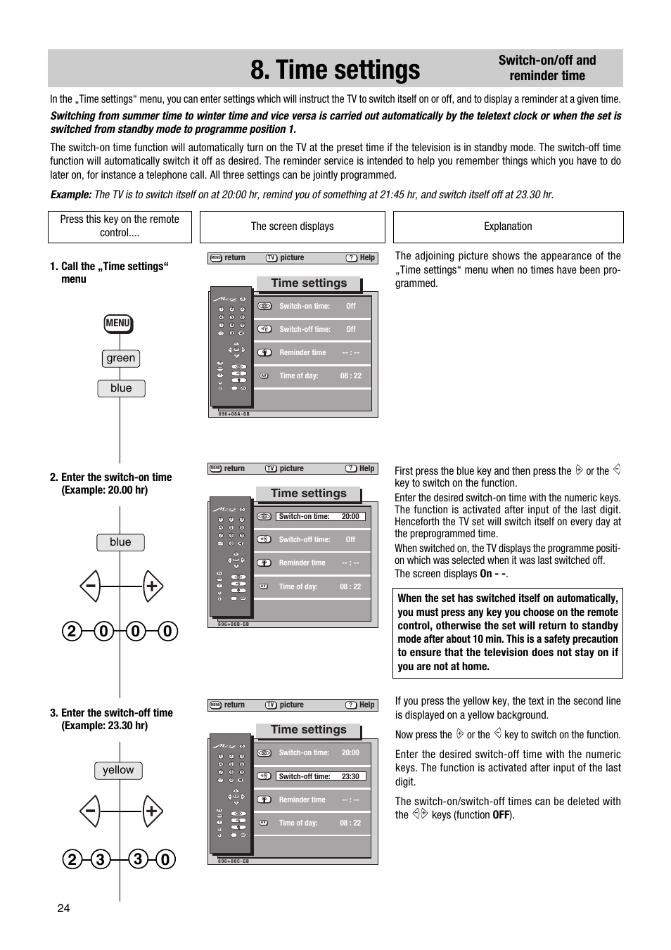 Switch-on/off and reminder time, Time settings, Yellow blue blue green | Menu | Metz TG 73 - 100 MT User Manual | Page 24 / 54