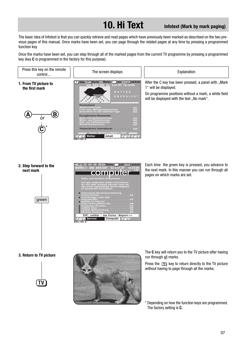 Hi text, Computer, Infotext (mark by mark paging) | Metz TG 73 - 100 MT User Manual | Page 37 / 54