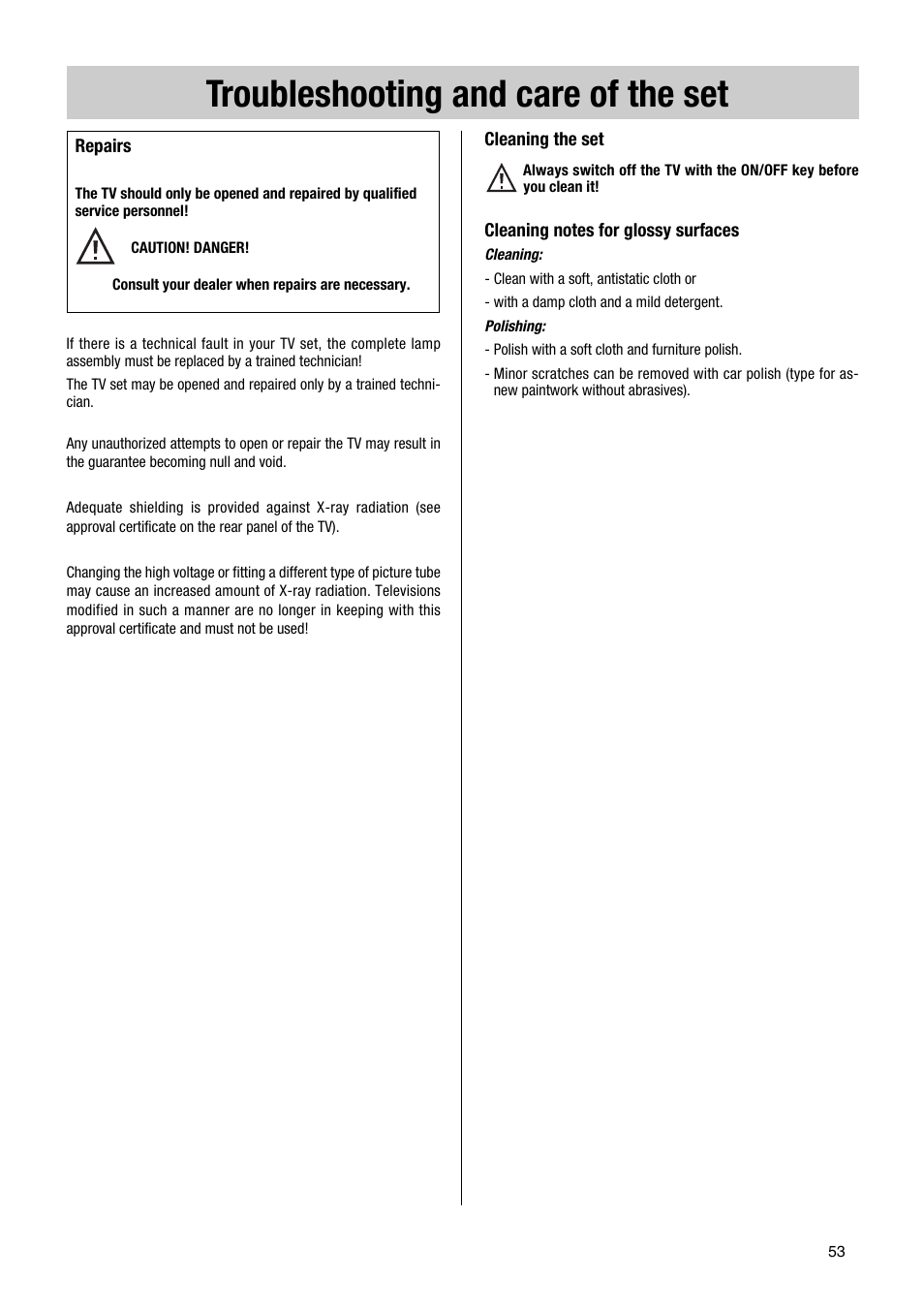 Troubleshooting and care of the set | Metz TG 73 - 100 MT User Manual | Page 53 / 54