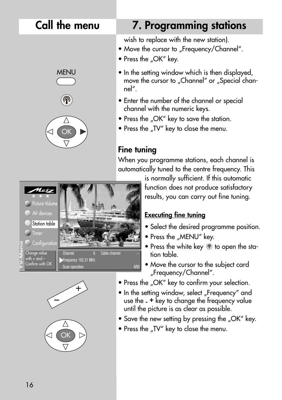 Programming stations call the menu, Fine tuning | Metz Astral-72 MF User Manual | Page 16 / 64