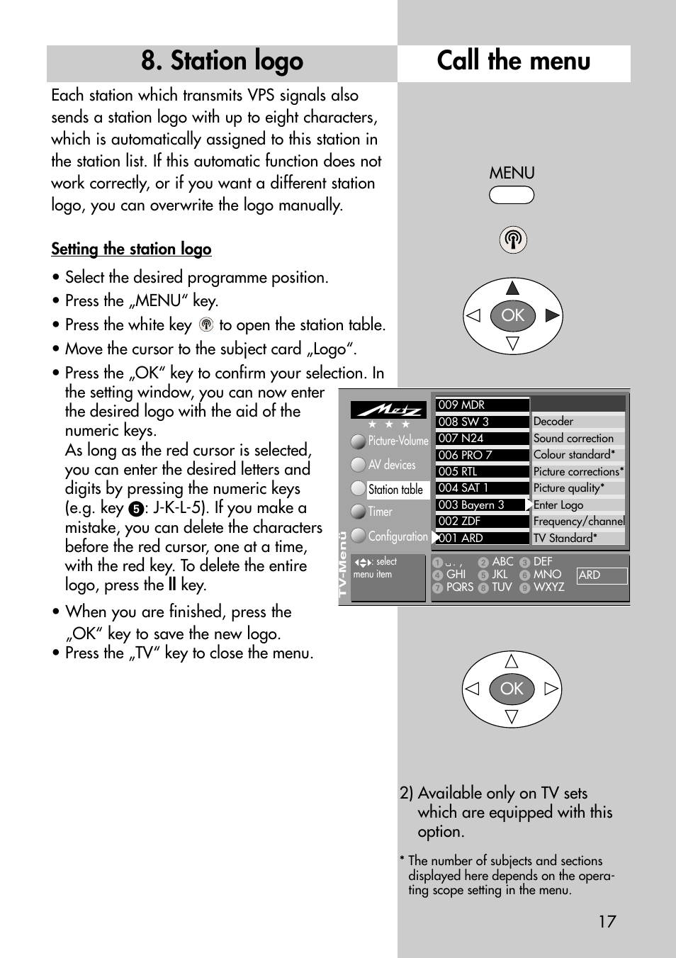 Station logo, Call the menu, Menu ok ok | Metz Astral-72 MF User Manual | Page 17 / 64