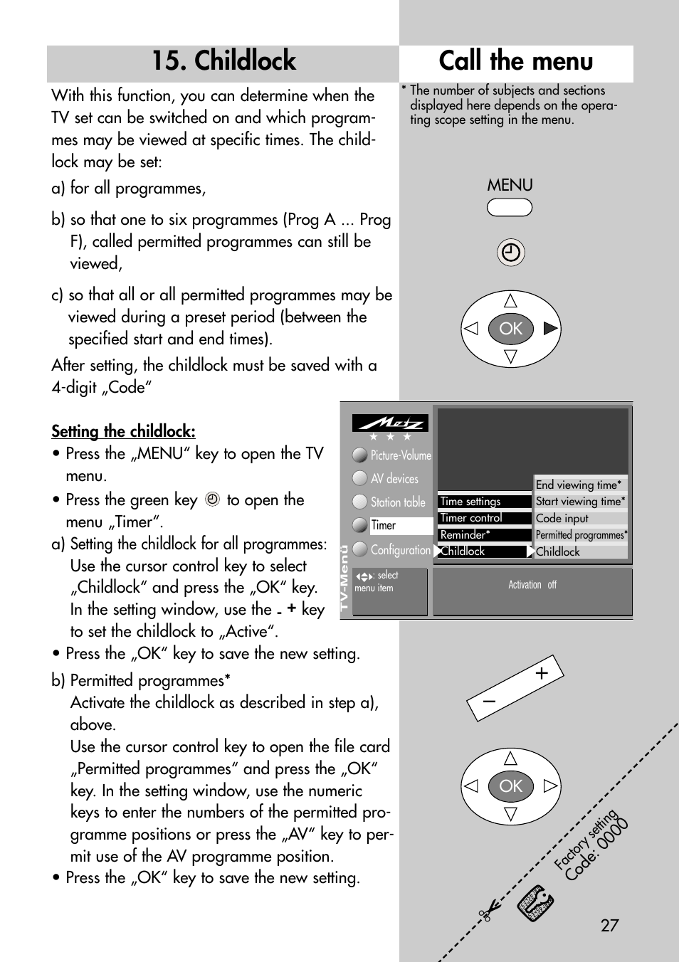 Call the menu 15. childlock | Metz Astral-72 MF User Manual | Page 27 / 64