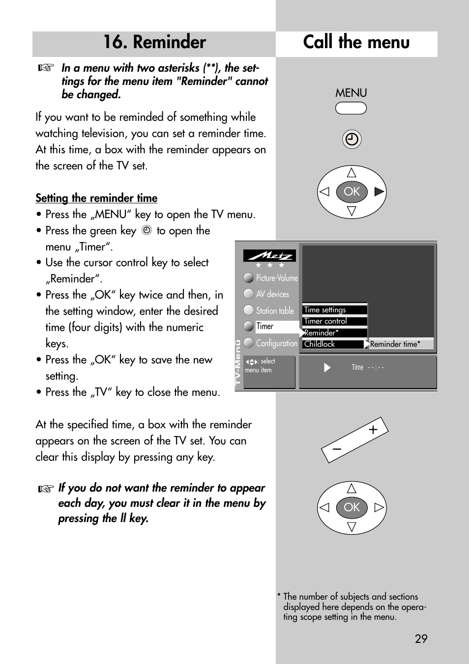 Reminder, Call the menu | Metz Astral-72 MF User Manual | Page 29 / 64