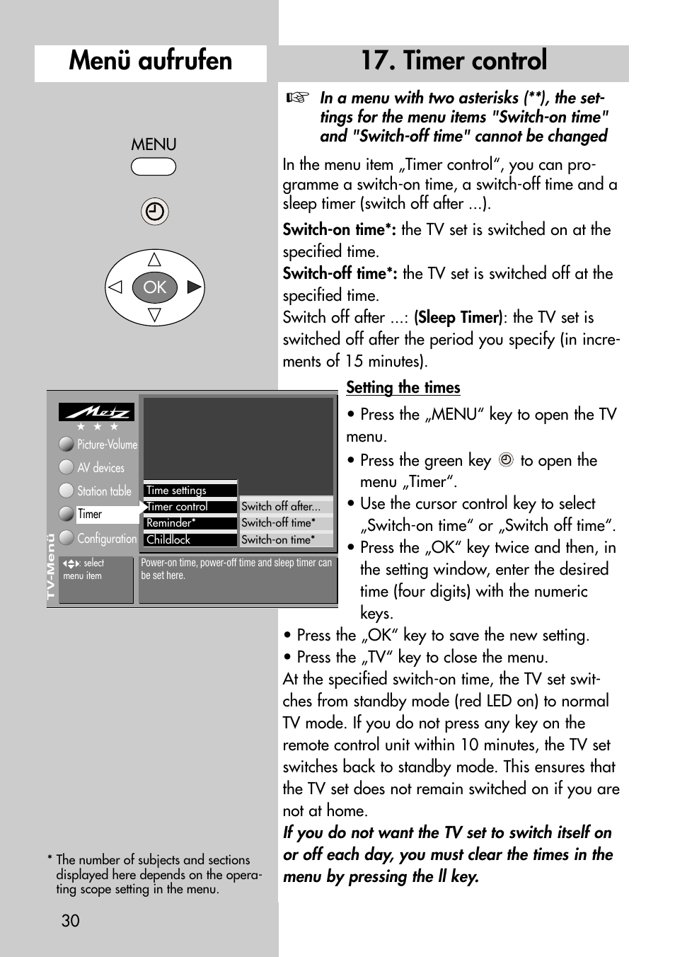 Timer control, Menü aufrufen | Metz Astral-72 MF User Manual | Page 30 / 64