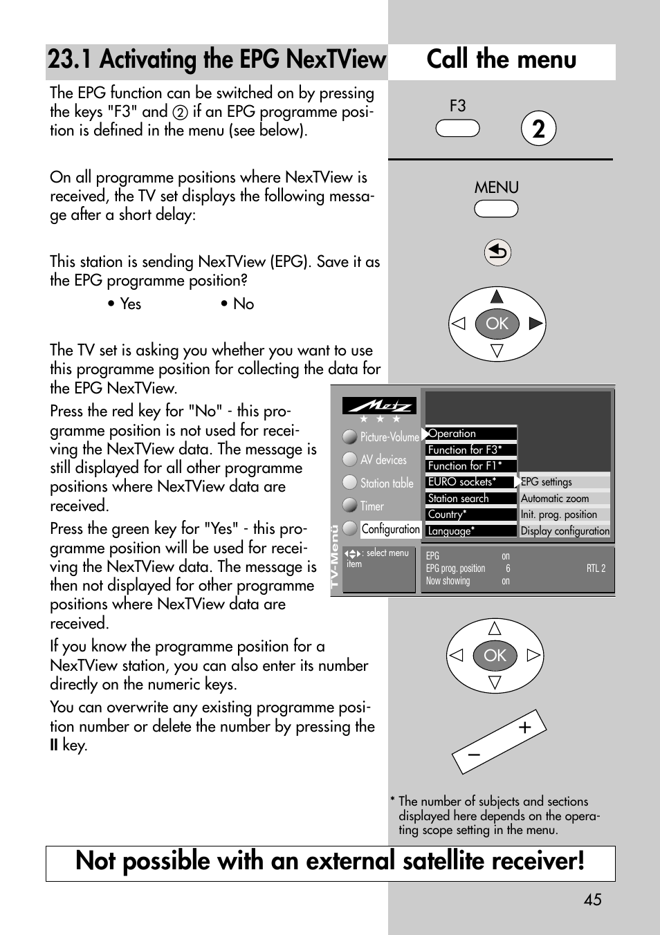 1 activating the epg nextview call the menu, Not possible with an external satellite receiver | Metz Astral-72 MF User Manual | Page 45 / 64