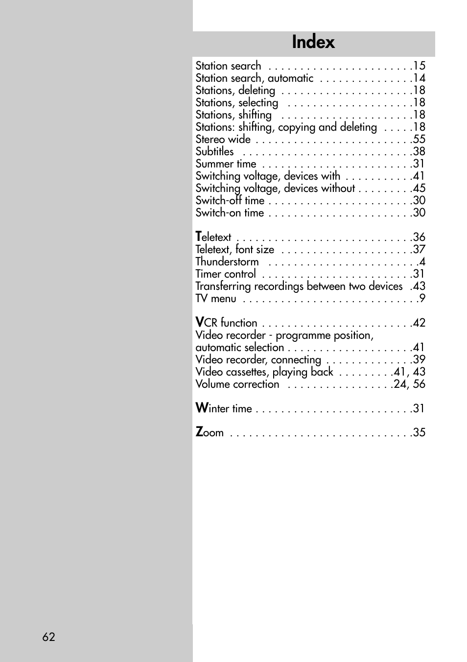 Index | Metz Astral-72 MF User Manual | Page 62 / 64