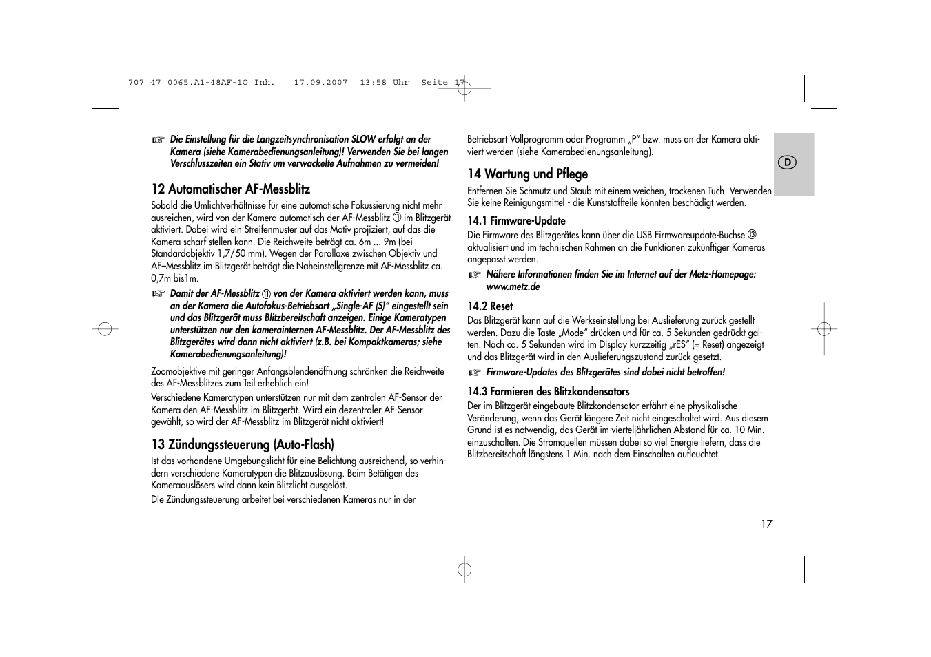 Metz AF-1 User Manual | Page 17 / 127