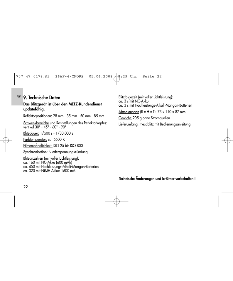 Technische daten | Metz 36 AF-4 O User Manual | Page 22 / 140