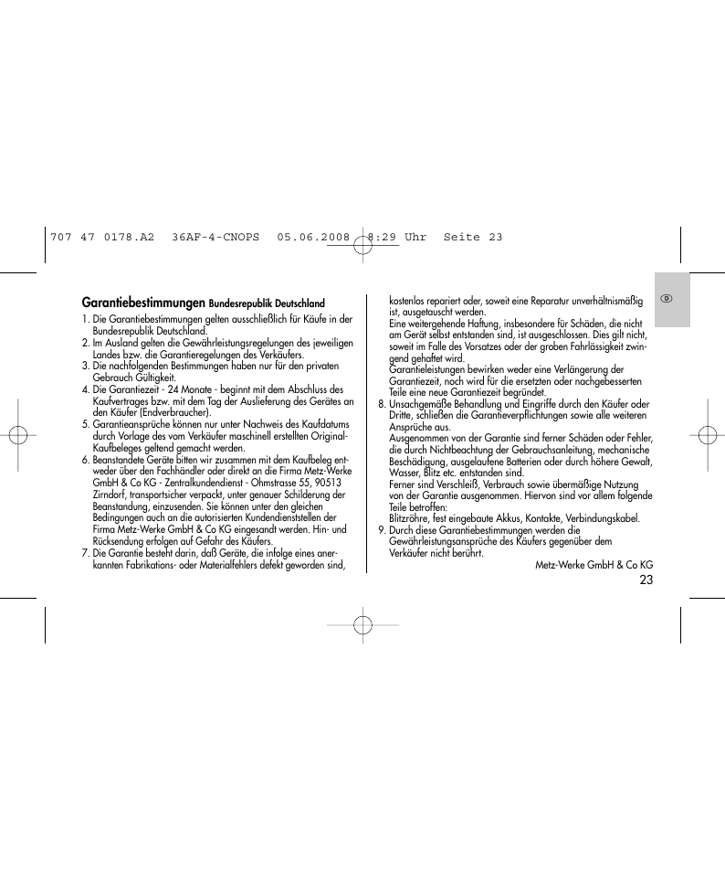 Garantiebestimmungen | Metz 36 AF-4 O User Manual | Page 23 / 140