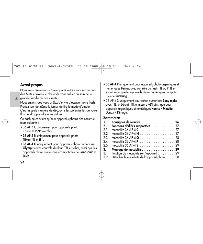 Avant-propos, Sommaire | Metz 36 AF-4 O User Manual | Page 24 / 140