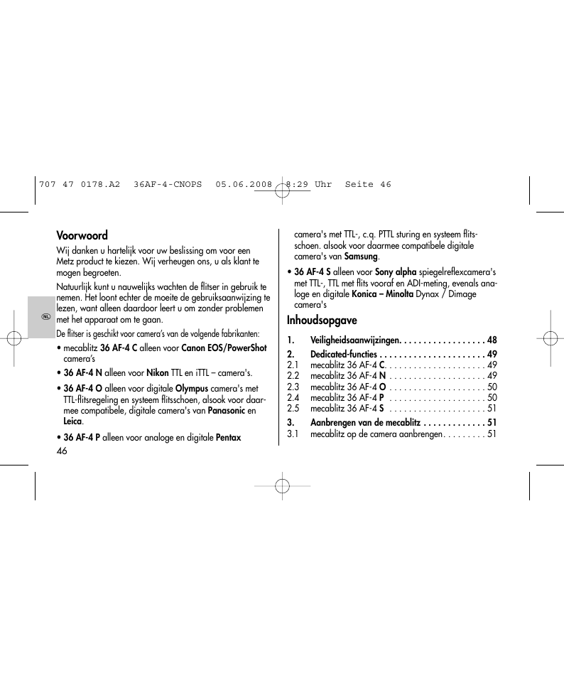 Voorwoord, Inhoudsopgave | Metz 36 AF-4 O User Manual | Page 46 / 140