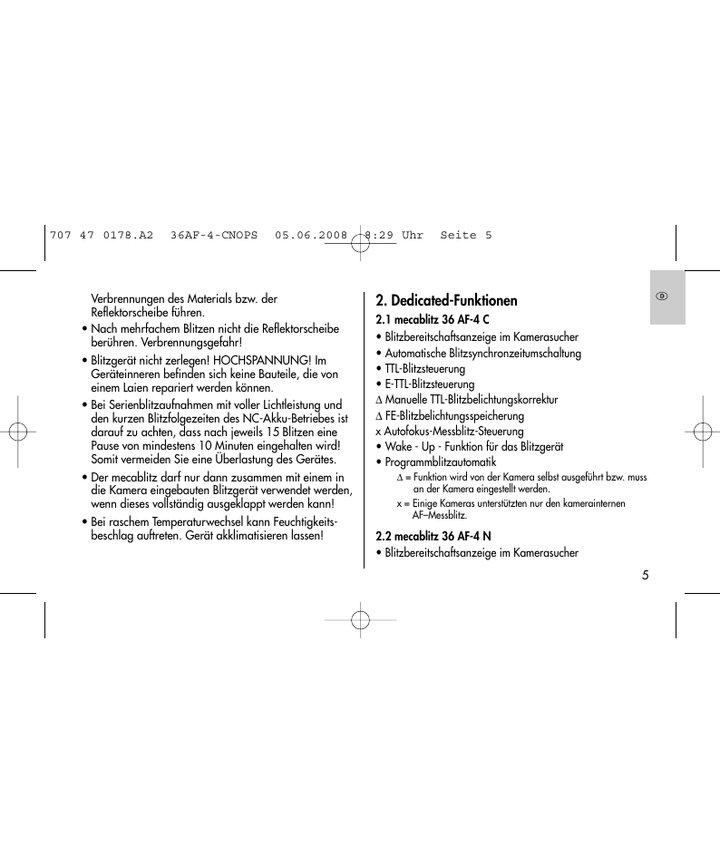 Dedicated-funktionen | Metz 36 AF-4 O User Manual | Page 5 / 140