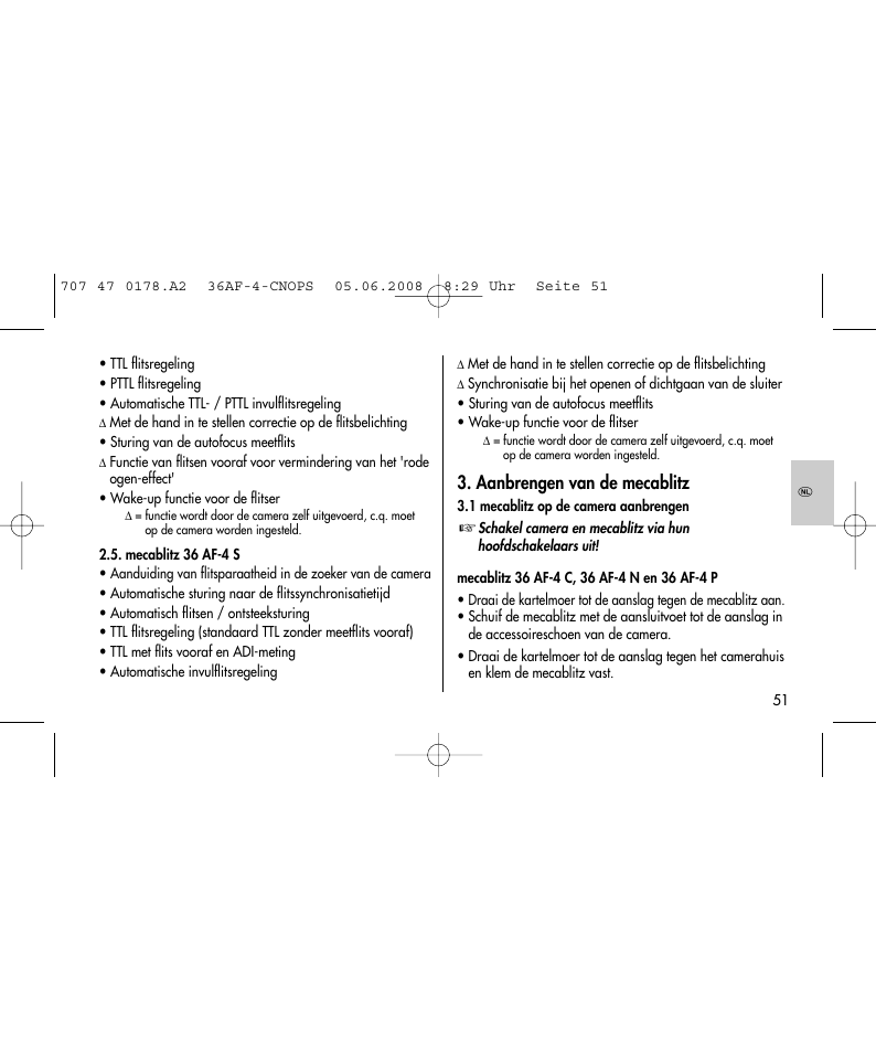 Aanbrengen van de mecablitz | Metz 36 AF-4 O User Manual | Page 51 / 140