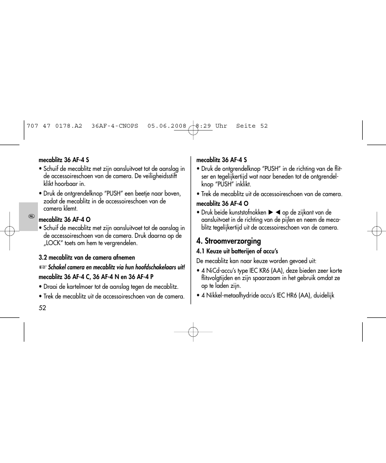 Stroomverzorging | Metz 36 AF-4 O User Manual | Page 52 / 140