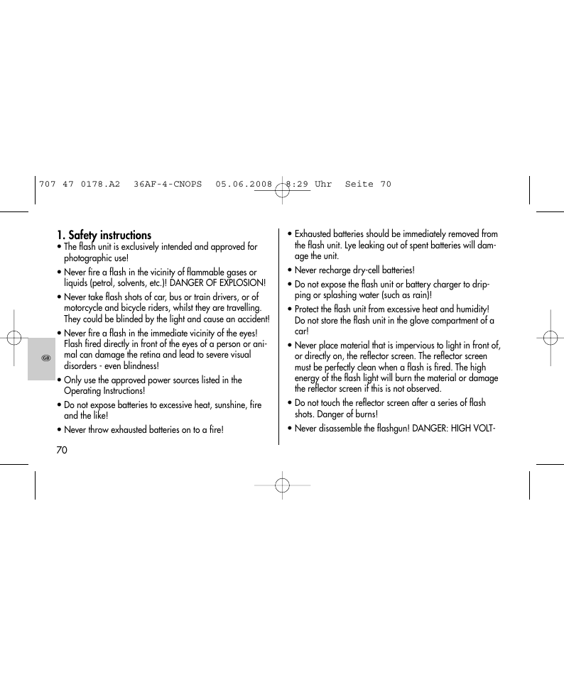 Safety instructions | Metz 36 AF-4 O User Manual | Page 70 / 140
