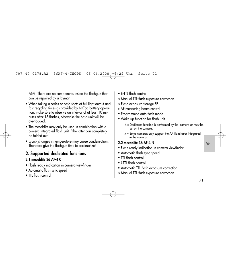 Supported dedicated functions | Metz 36 AF-4 O User Manual | Page 71 / 140