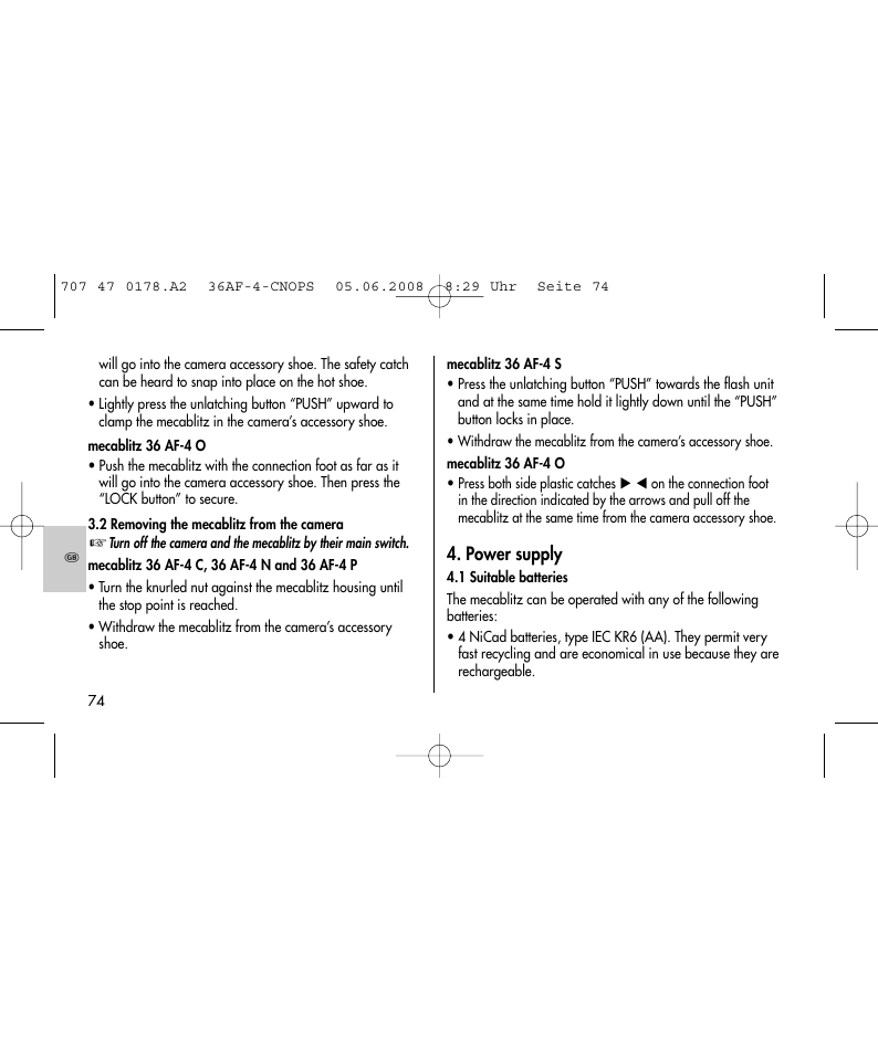 Power supply | Metz 36 AF-4 O User Manual | Page 74 / 140