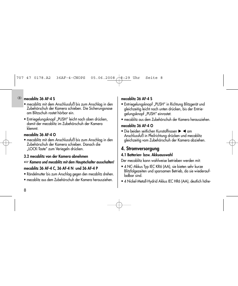 Stromversorgung | Metz 36 AF-4 O User Manual | Page 8 / 140