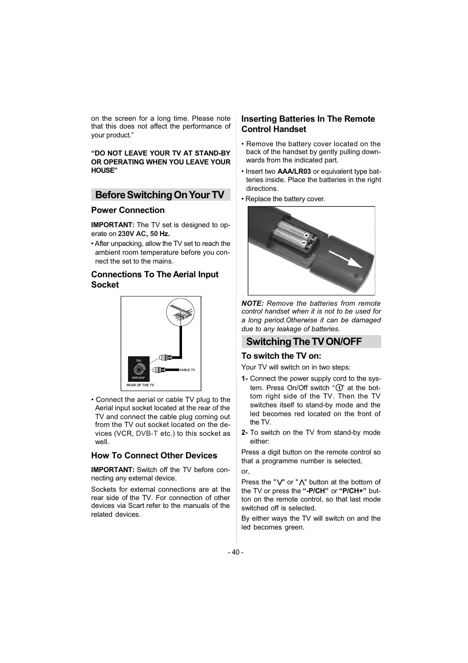 Switching the tv on/off, Before switching on your tv | Metz 42TN92 User Manual | Page 10 / 32