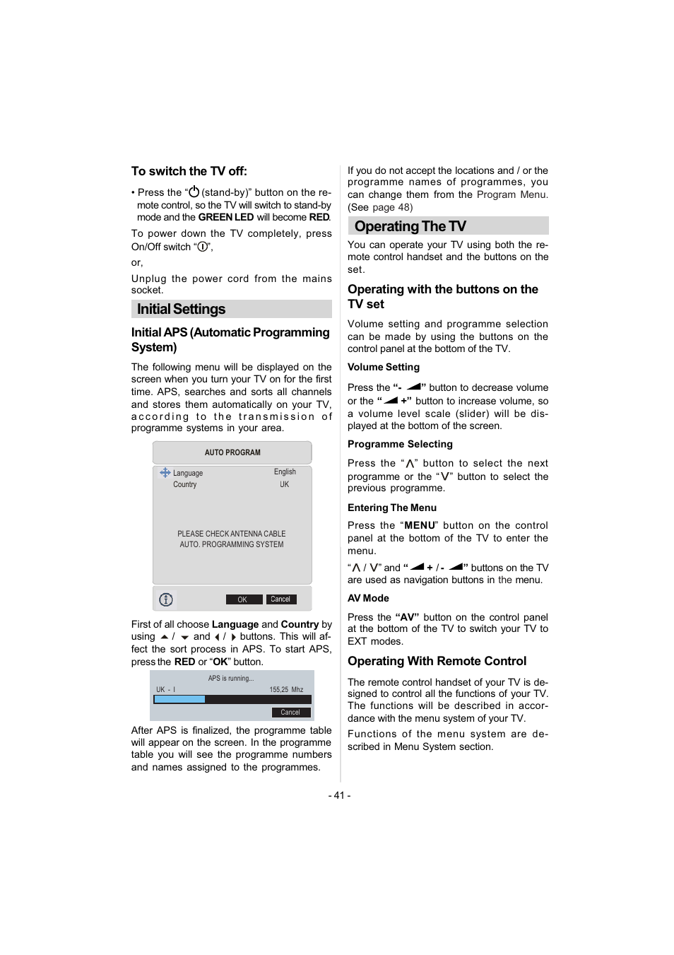 Operating the tv, Initial settings | Metz 42TN92 User Manual | Page 11 / 32