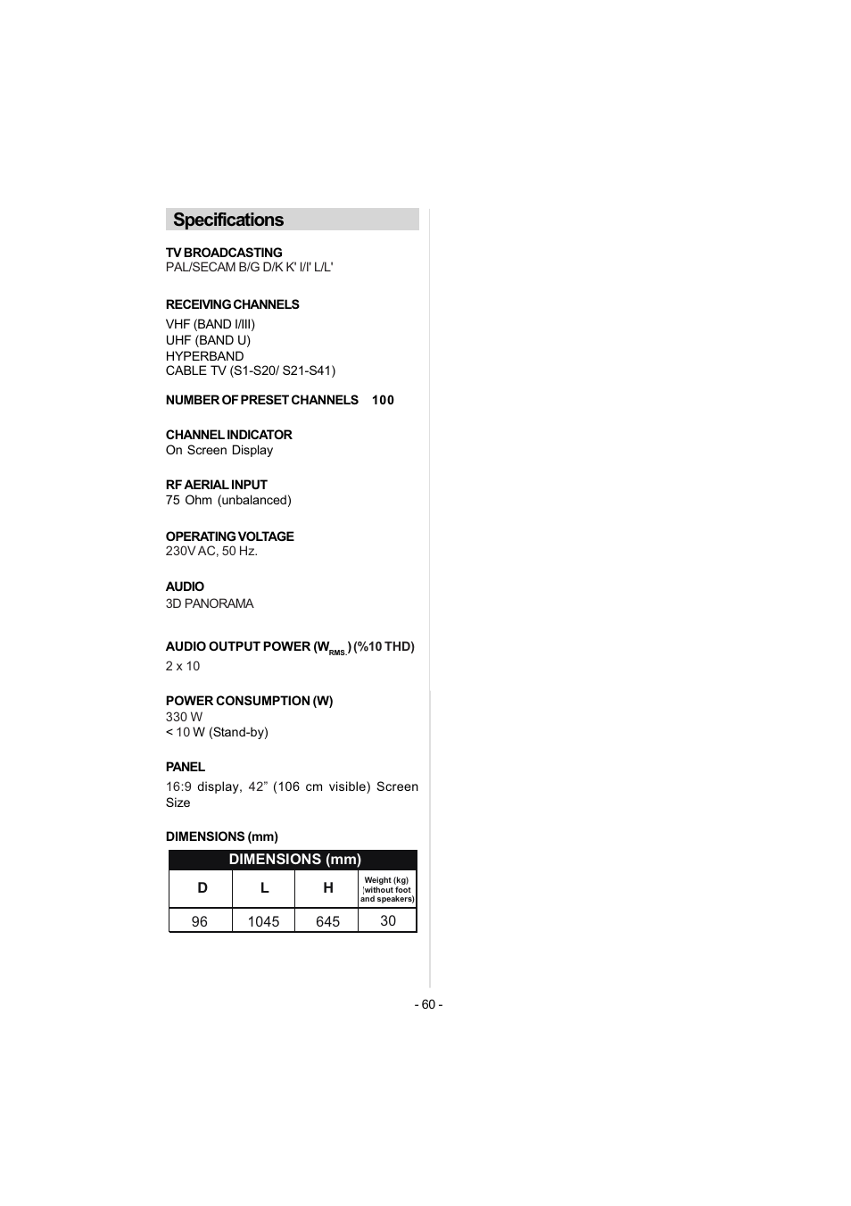 Specifications | Metz 42TN92 User Manual | Page 30 / 32