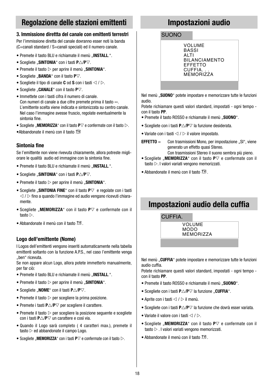 Impostazioni audio, Impostazioni audio della cuffia, Regolazione delle stazioni emittenti | Metz 55TH34 VT User Manual | Page 18 / 37