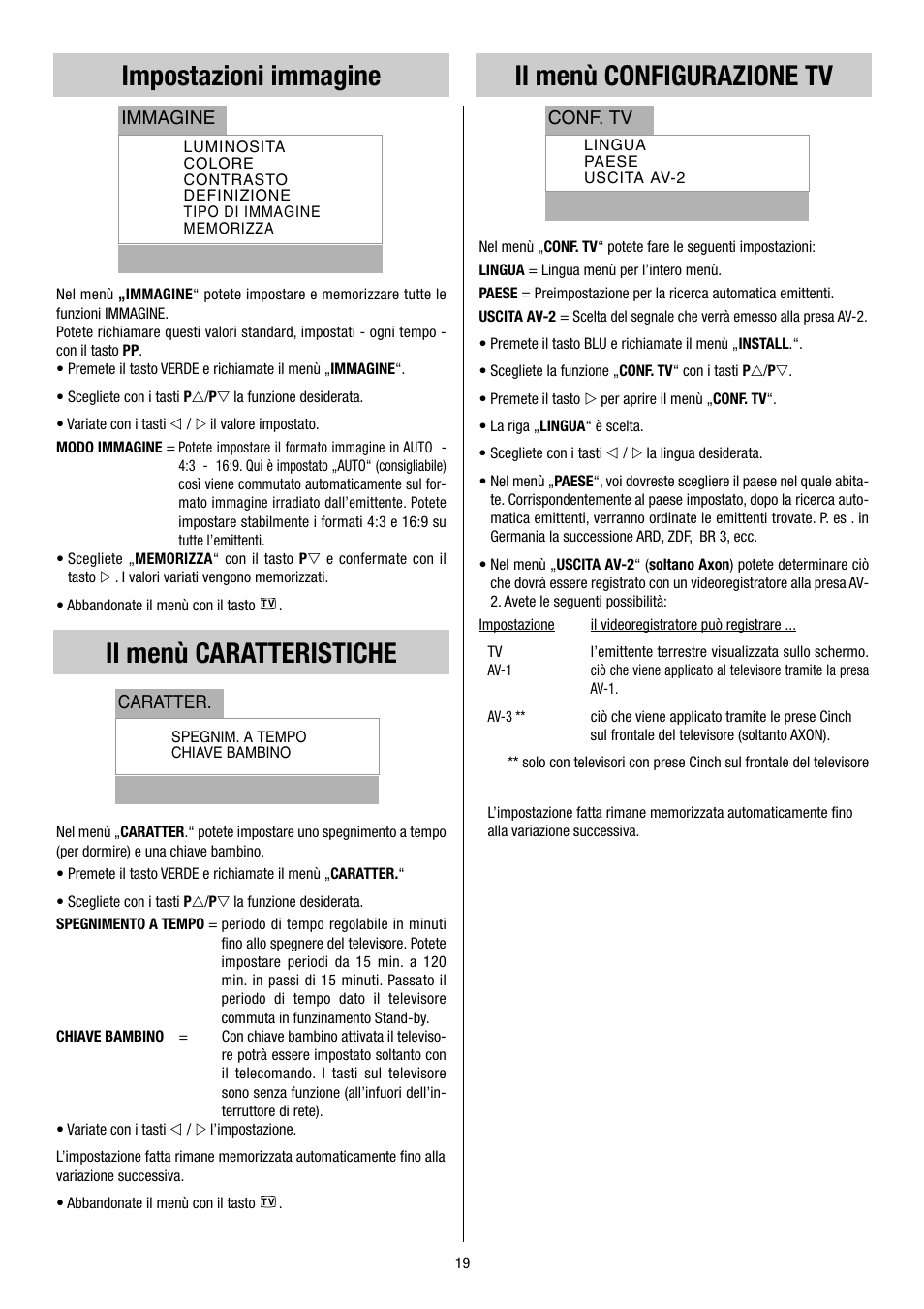 Impostazioni immagine, Il menù caratteristiche, Il menù configurazione tv | Metz 55TH34 VT User Manual | Page 19 / 37