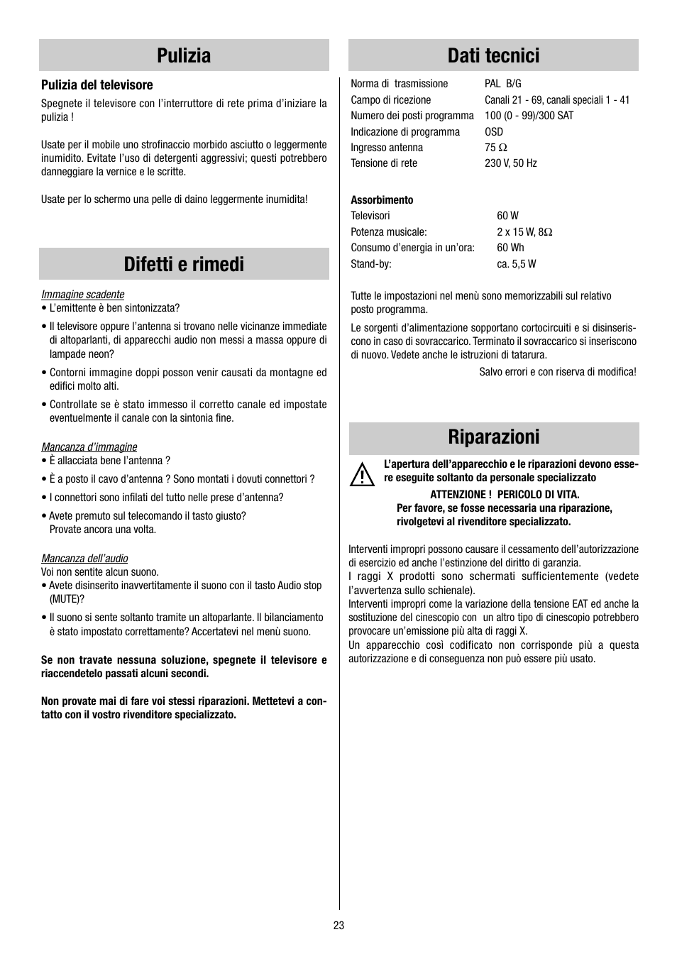 Pulizia difetti e rimedi dati tecnici riparazioni | Metz 55TH34 VT User Manual | Page 23 / 37