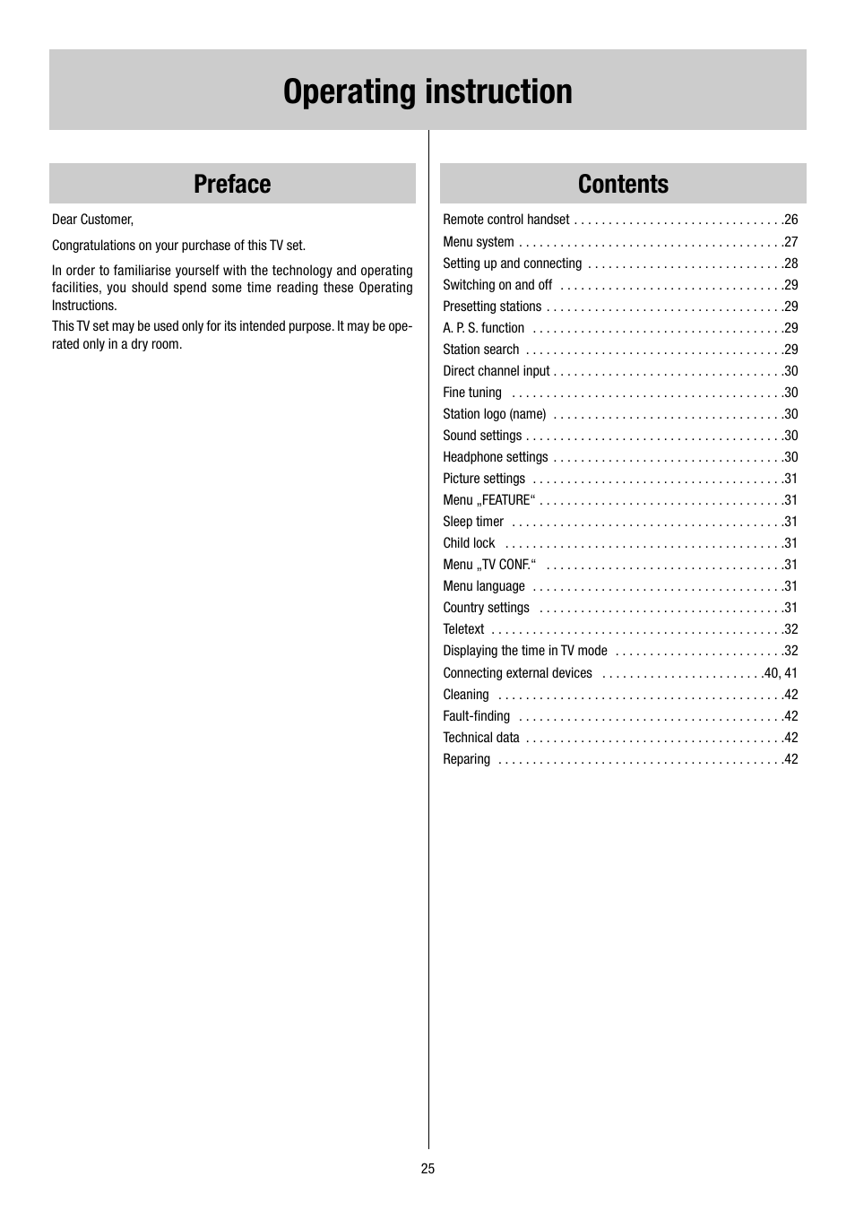 Operating instruction, Preface contents | Metz 55TH34 VT User Manual | Page 25 / 37