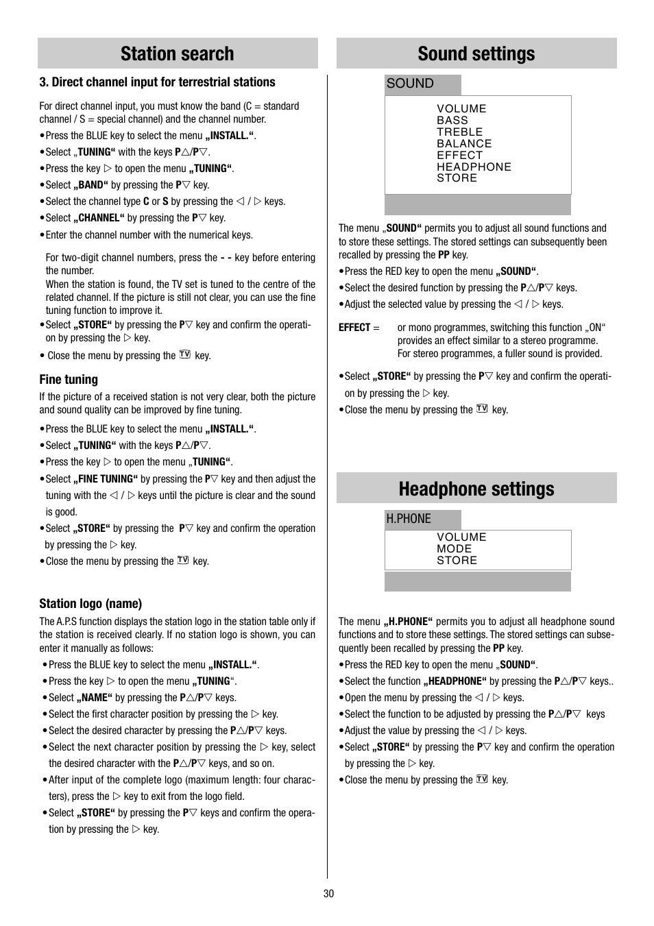 Sound settings, Headphone settings, Station search | Metz 55TH34 VT User Manual | Page 30 / 37