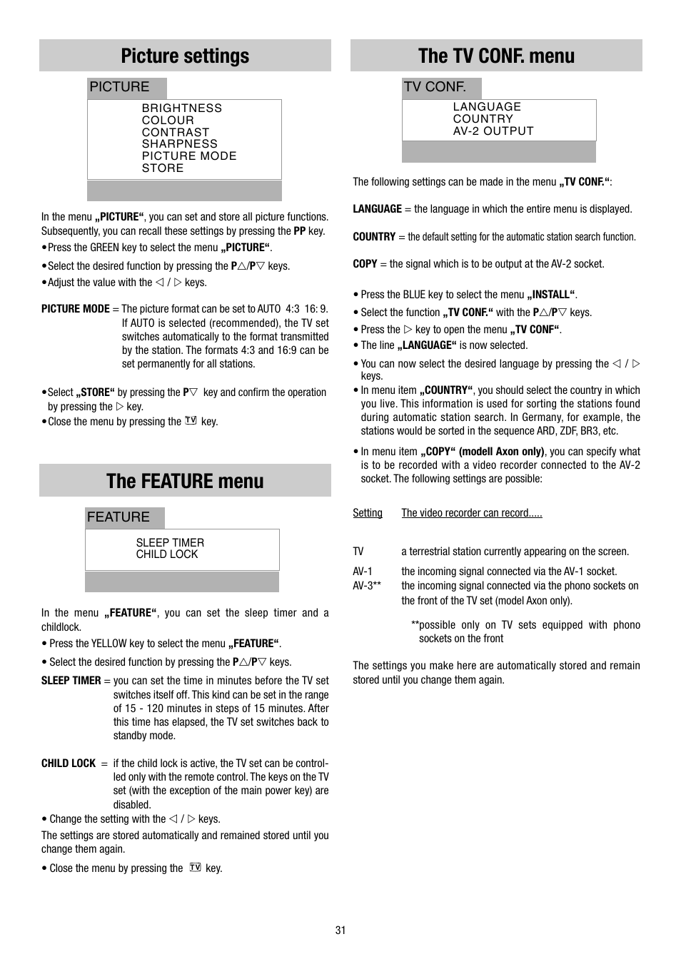 Picture settings, The feature menu, The tv conf. menu | Metz 55TH34 VT User Manual | Page 31 / 37