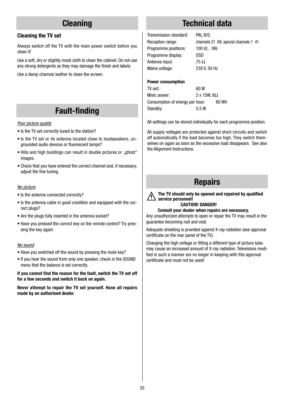 Cleaning fault-finding repairs technical data | Metz 55TH34 VT User Manual | Page 35 / 37