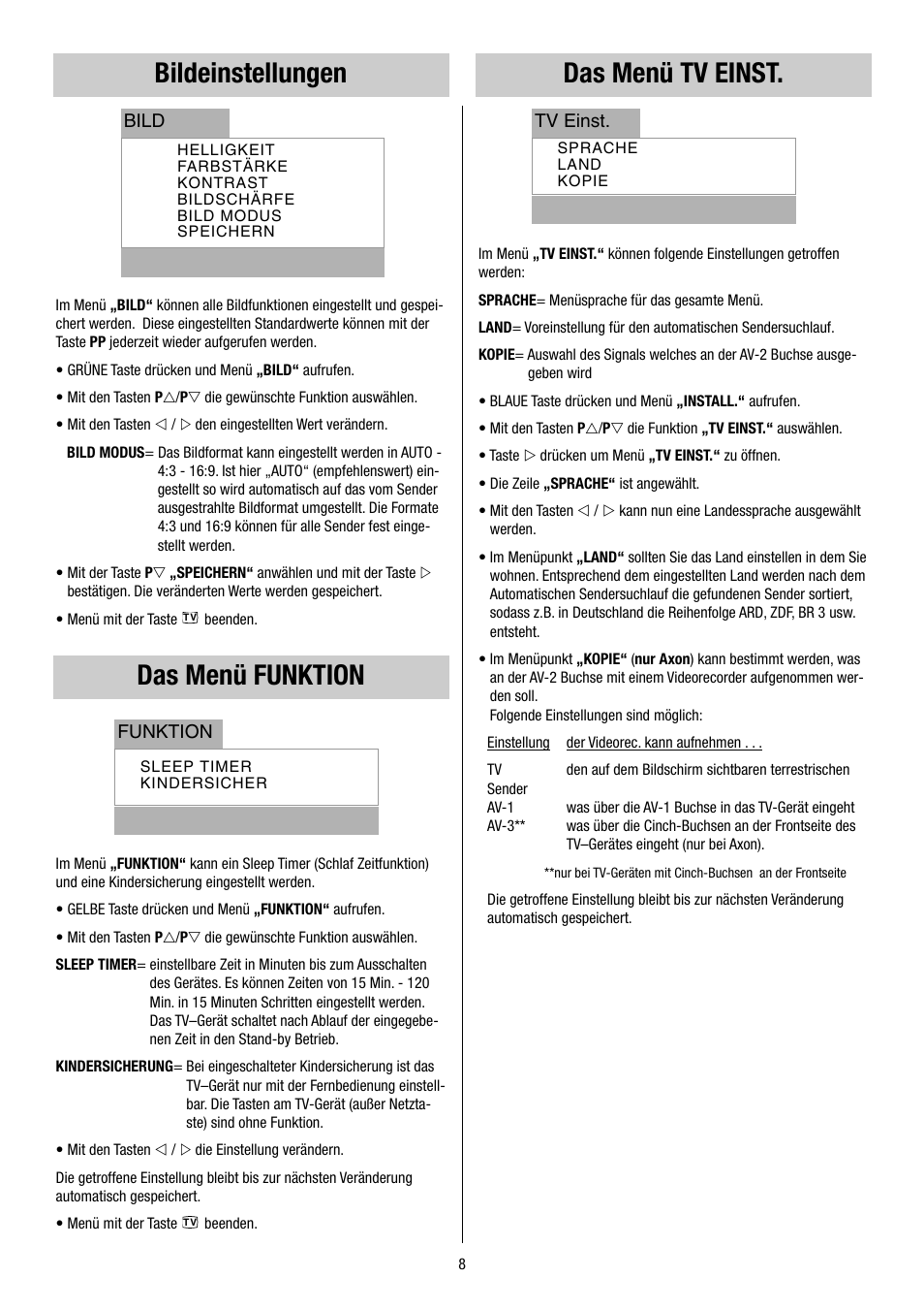 Bildeinstellungen, Das menü funktion, Das menü tv einst | Metz 55TH34 VT User Manual | Page 8 / 37