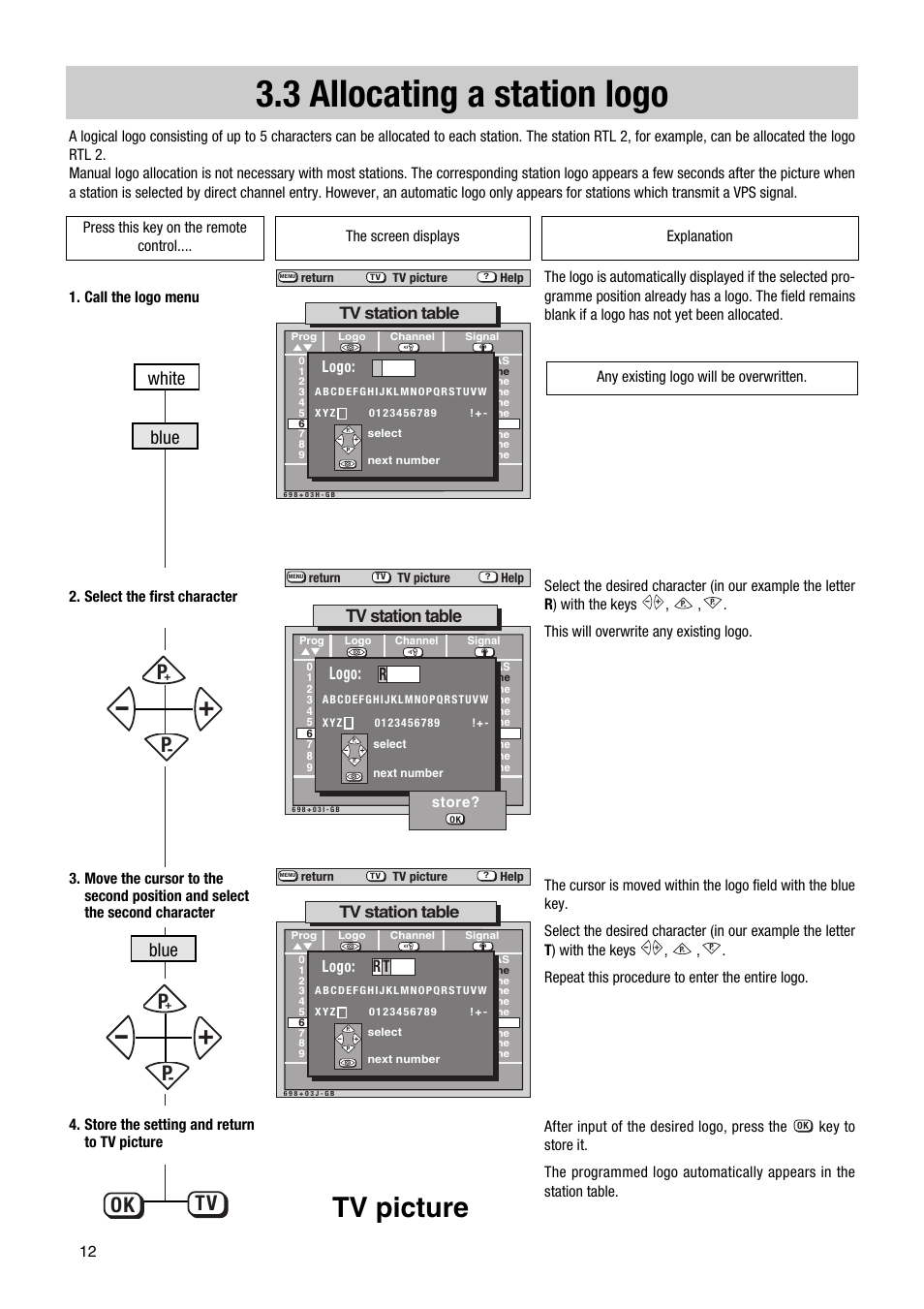 3 allocating a station logo, Tv picture, Ok tv p | Blue, Blue white, Tv station table, Logo | Metz Elba 63 TD 61 - 100 MT User Manual | Page 12 / 56