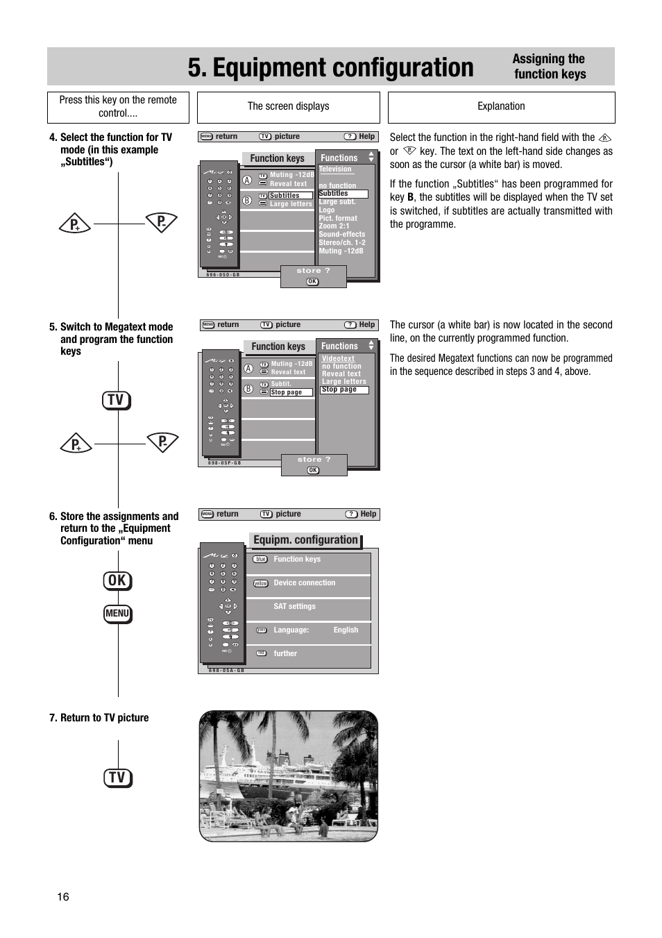 Equipment configuration, Tv ok, Assigning the function keys | Equipm. configuration, Function keys, Menu, Functions | Metz Elba 63 TD 61 - 100 MT User Manual | Page 16 / 56