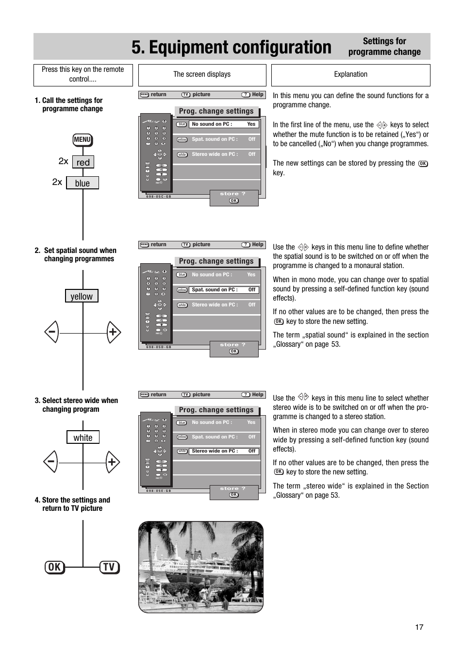 Equipment configuration, Ok tv, Settings for programme change | Yellow red white blue 2x 2x, Prog. change settings, Menu | Metz Elba 63 TD 61 - 100 MT User Manual | Page 17 / 56