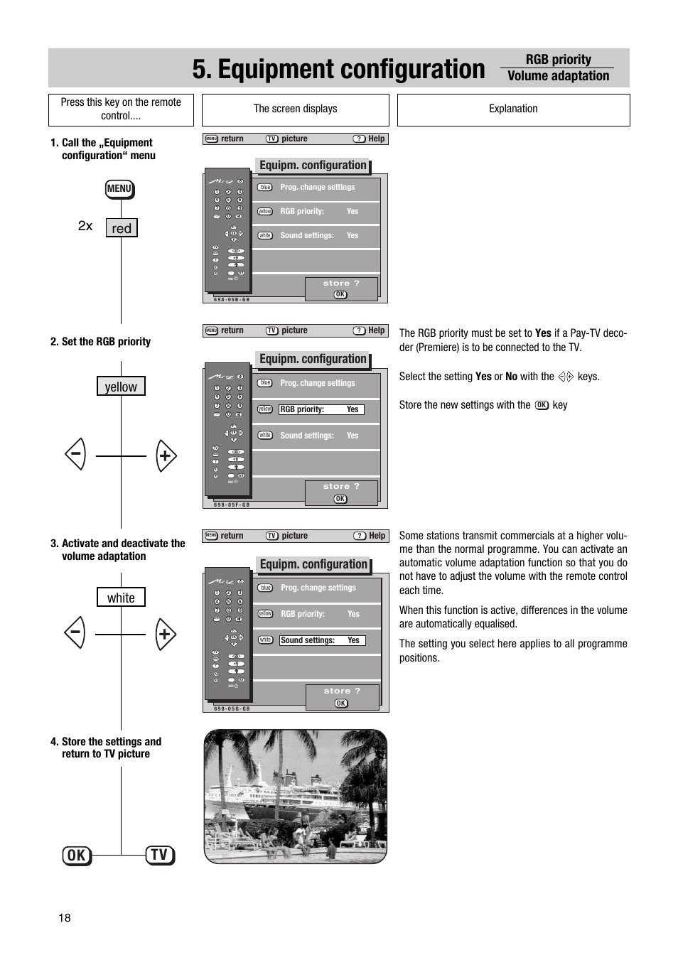 Equipment configuration, Ok tv, Rgb priority volume adaptation | Yellow red white, Equipm. configuration, Call the „equipment configuration“ menu, Menu | Metz Elba 63 TD 61 - 100 MT User Manual | Page 18 / 56